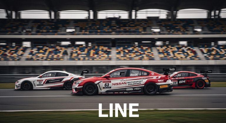 Nissan race car speeding on a Philippine race track with fans cheering in the stands.