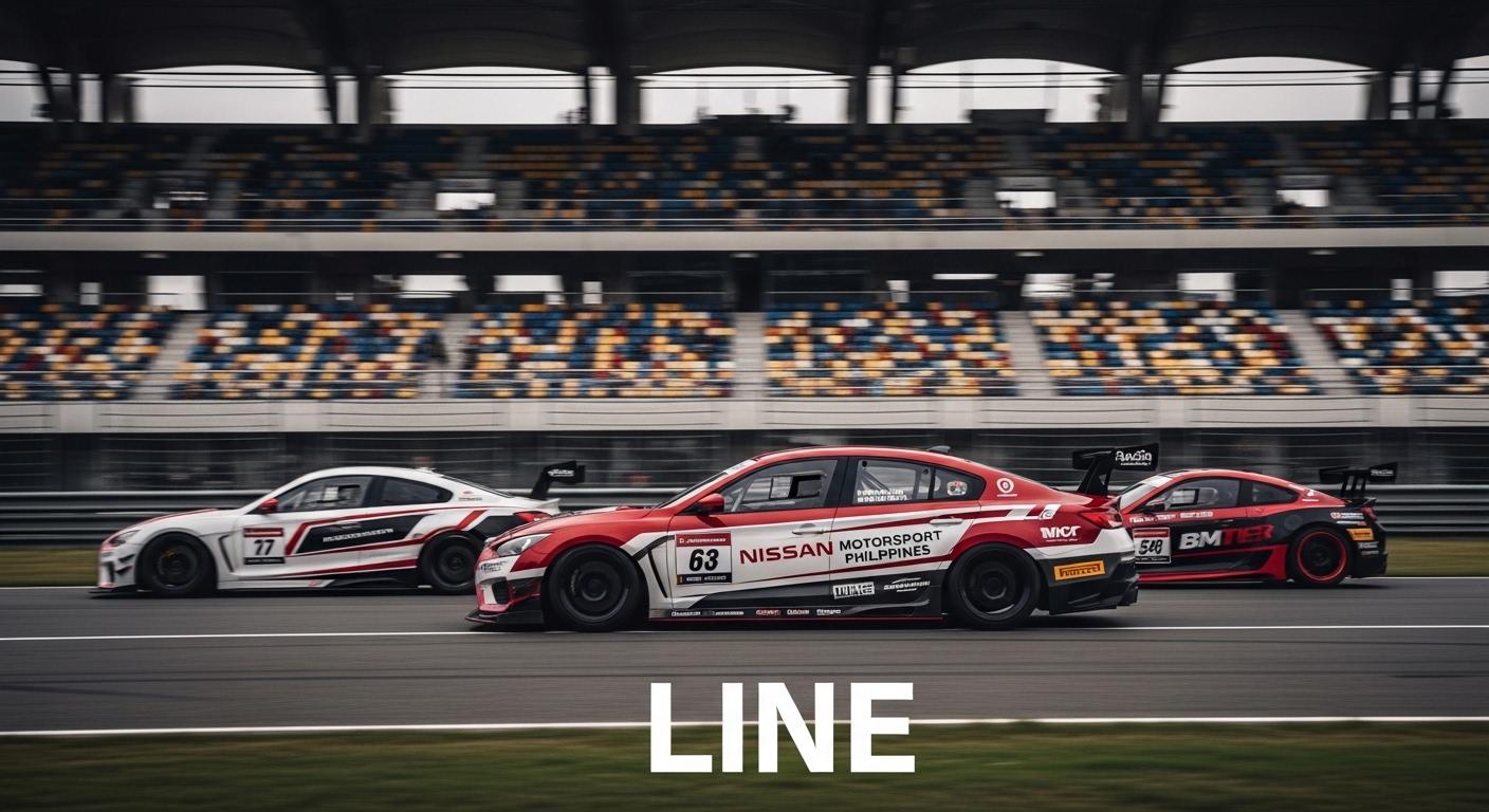 Nissan race car speeding on a Philippine race track with fans cheering in the stands.