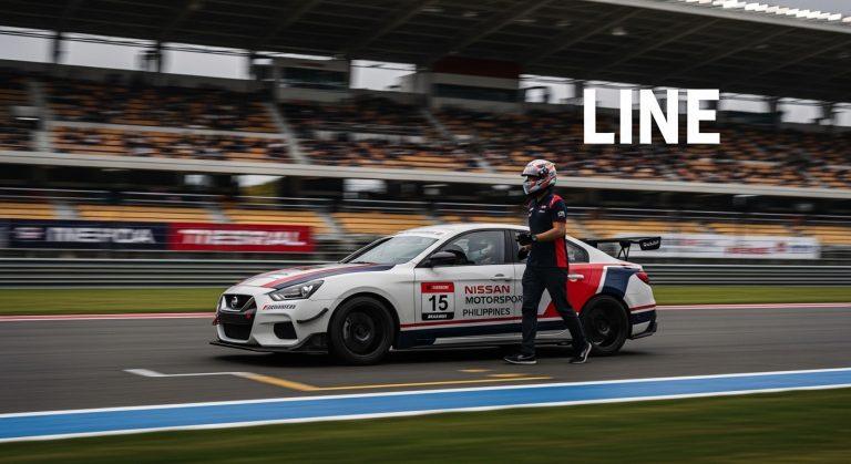Nissan race car speeding on a Philippine race track with fans cheering in the stands.