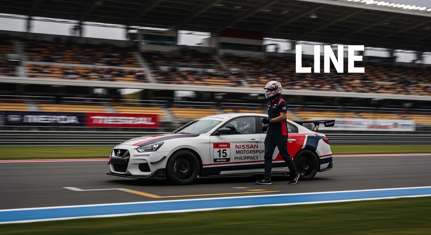Nissan race car speeding on a Philippine race track with fans cheering in the stands.