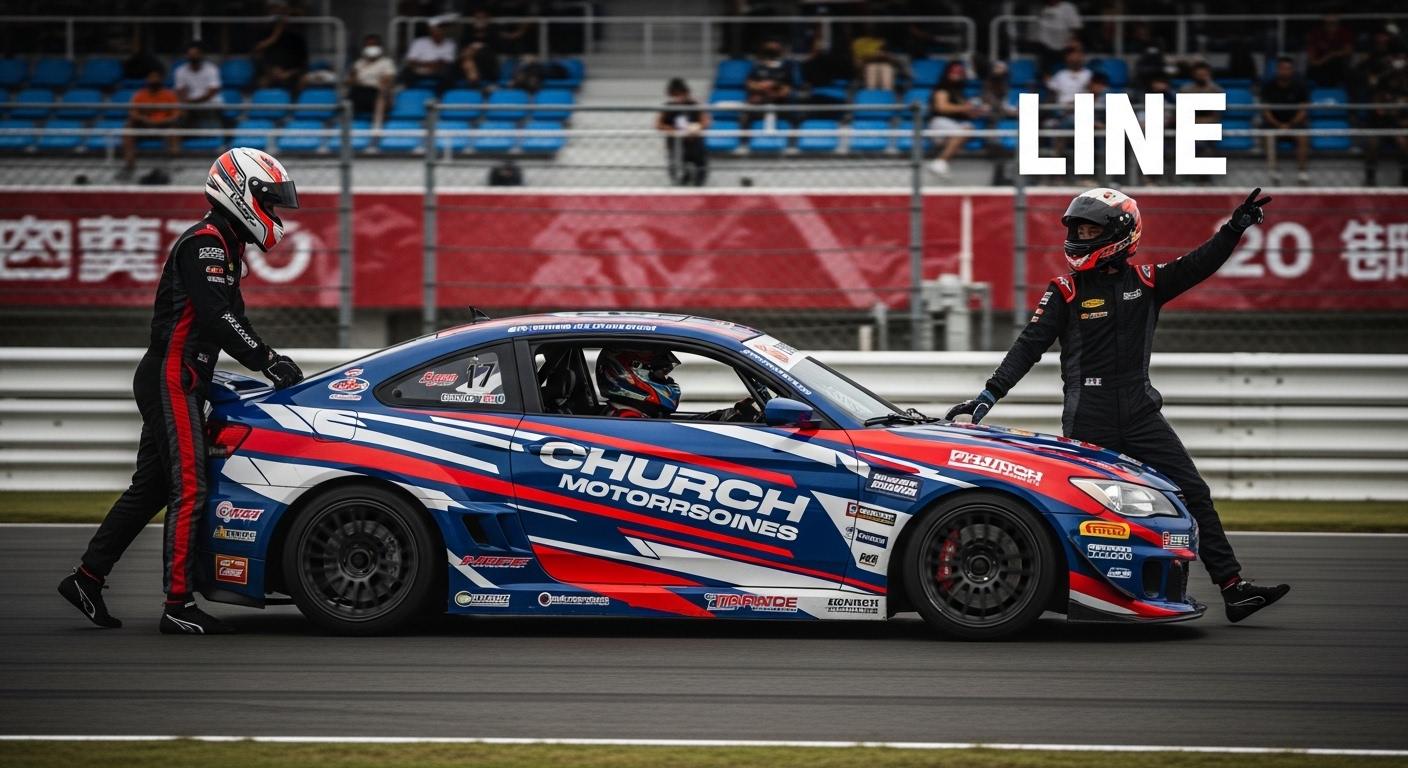 Editorial illustration of a racetrack with a church silhouette and pit crew