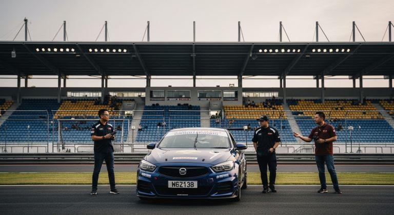 Editorial illustration of a racetrack with a church silhouette and pit crew
