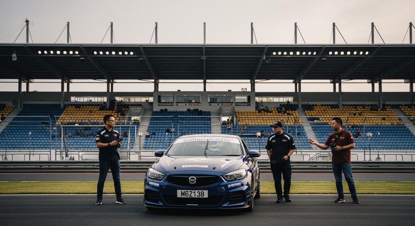 Editorial illustration of a racetrack with a church silhouette and pit crew