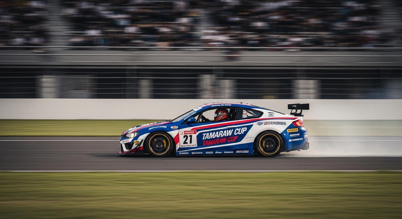 Tamaraw-branded race car on a Philippine circuit with fans and crew