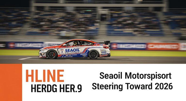 Racecar with seaoil branding on a Philippine circuit at dusk.