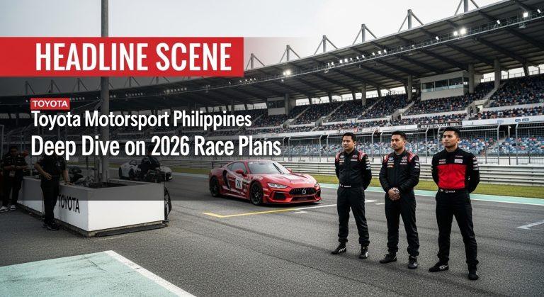 Toyota race car on a night-time street circuit in the Philippines.