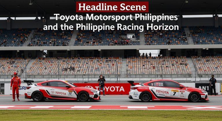 Toyota-branded race car on a Manila street circuit at dusk with city lights.