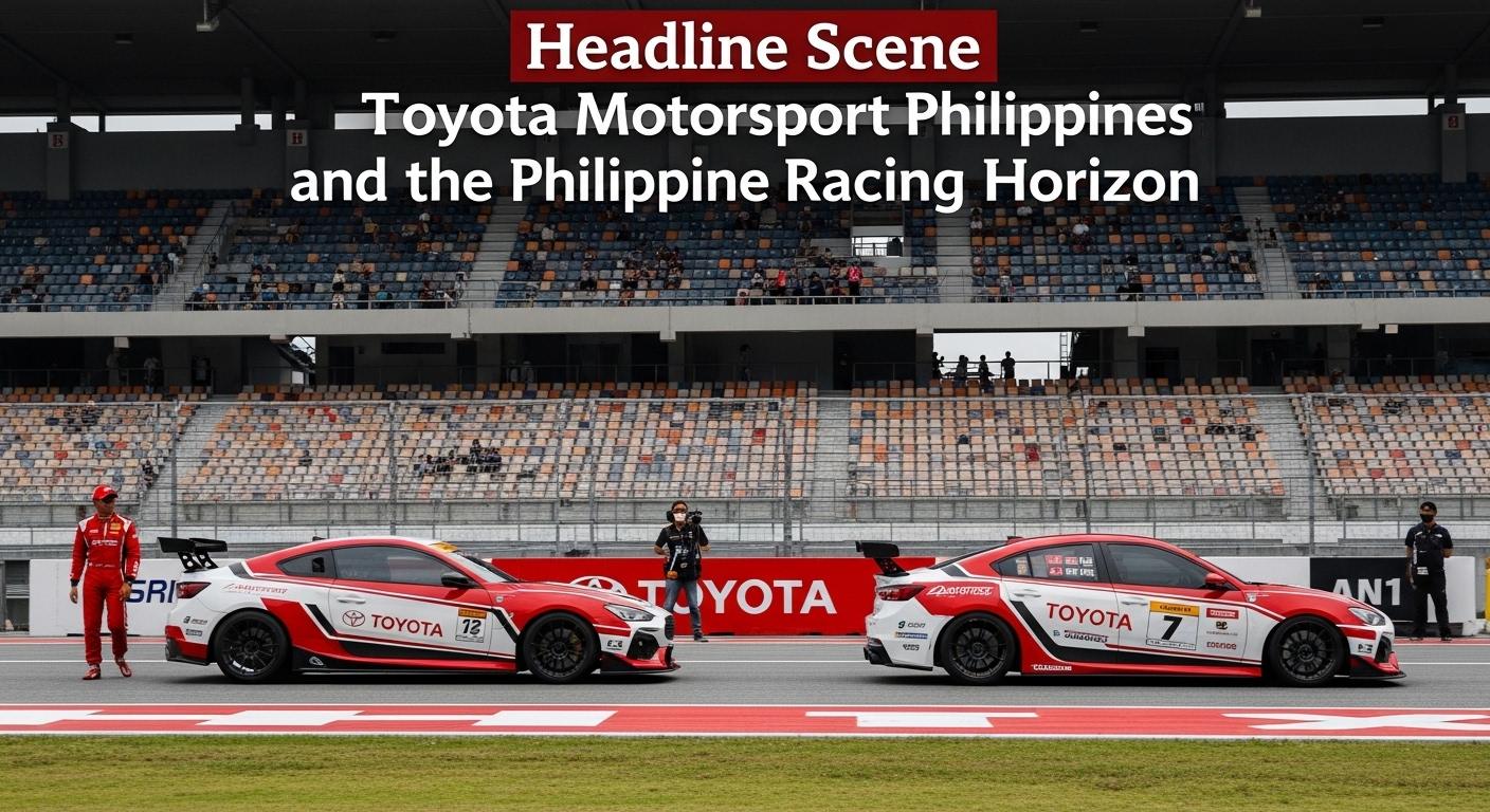 Toyota-branded race car on a Manila street circuit at dusk with city lights.