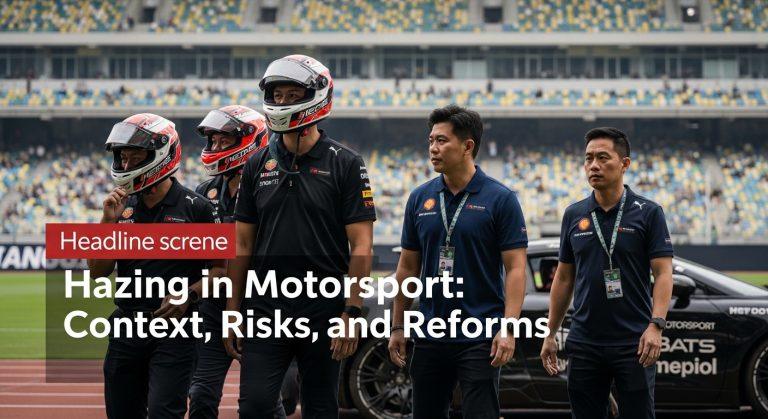 Illustration of a race track pit area with hazing-awareness signage and safety cues