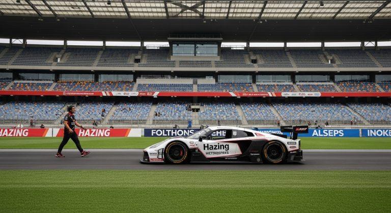 Illustration of a race track pit area with hazing-awareness signage and safety cues