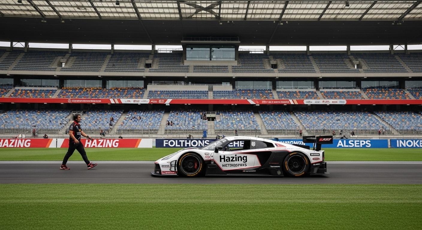 Illustration of a race track pit area with hazing-awareness signage and safety cues
