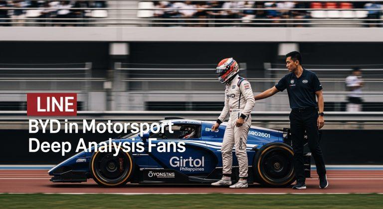 BYD electric race car on a circuit with Philippine audience and dusk lighting