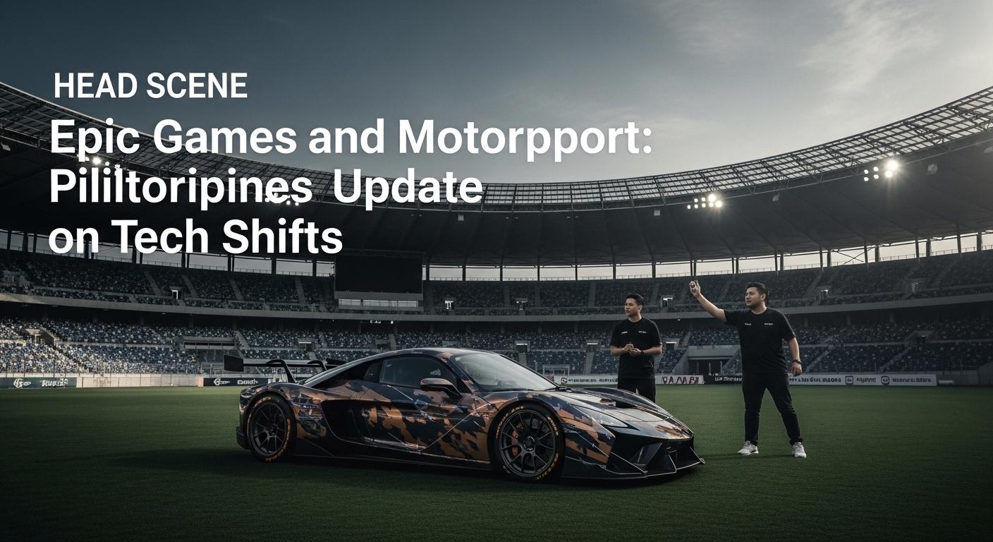 Motorsport event in the Philippines with digital overlays representing app ecosystem shifts and Epic Games involvement.