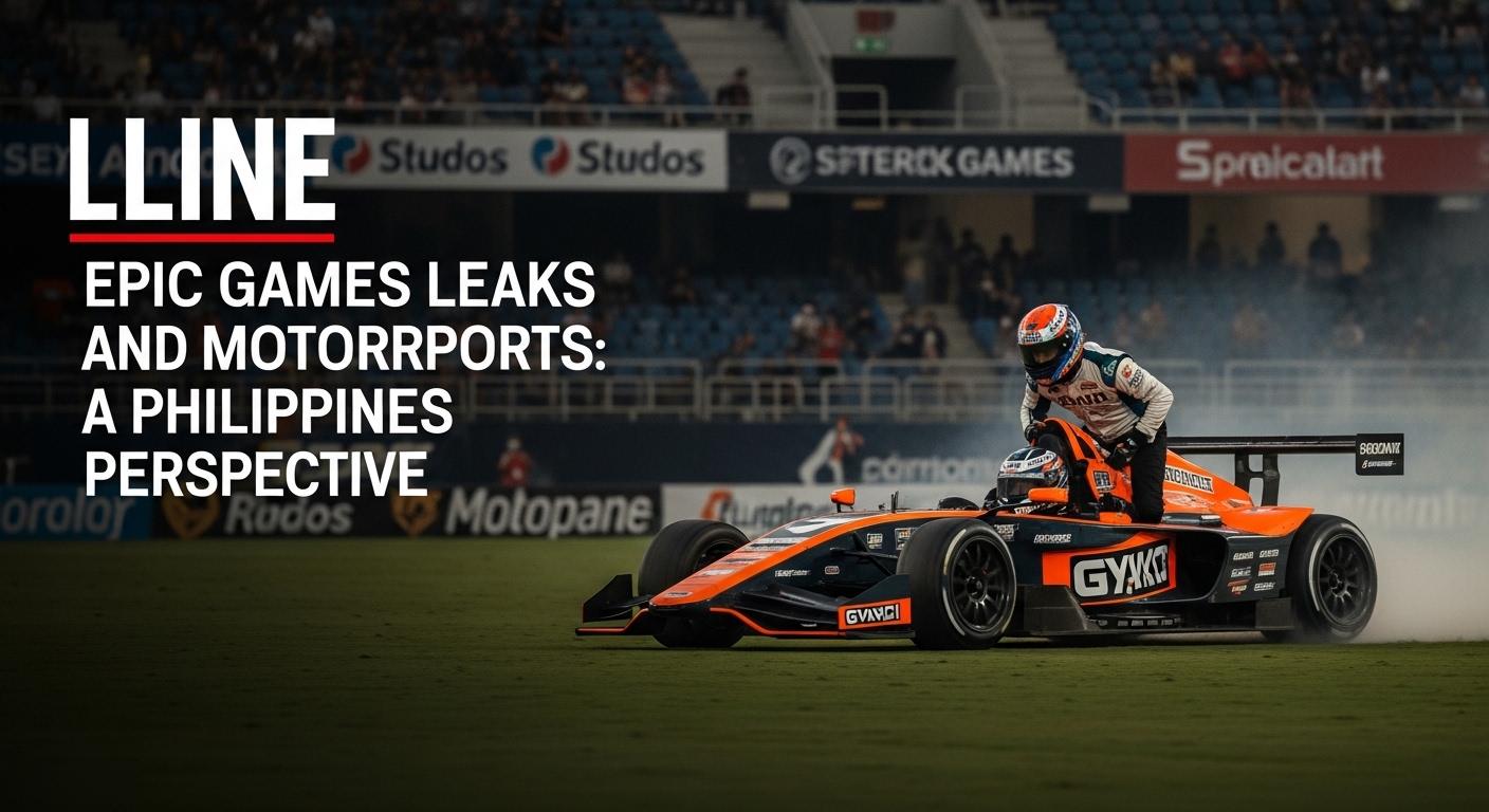 Racetrack at dusk with digital overlays and Epic Games branding, representing the intersection of motorsport and gaming.