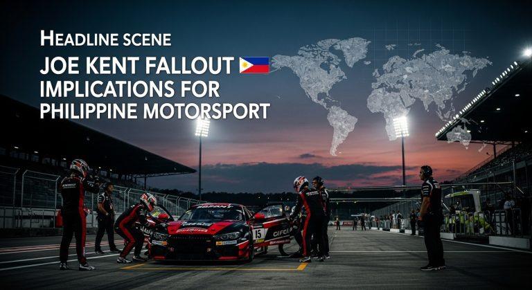 Motorsport pit lane with global context and Philippine flag.